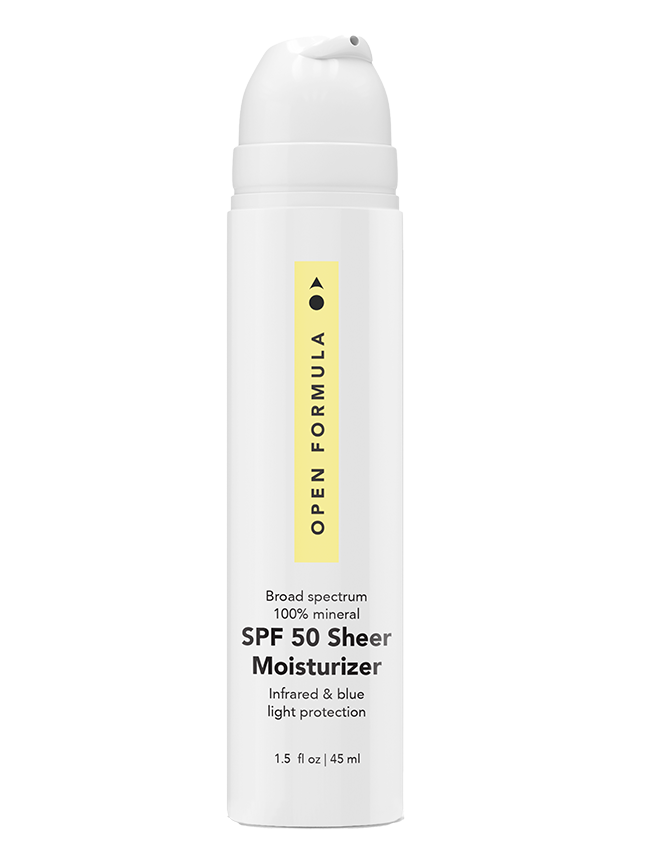 Our Sheer Genius is a two-in-one mineral formula that provides invisible  broad spectrum SPF 50 protection plus moisturizing ingredients t